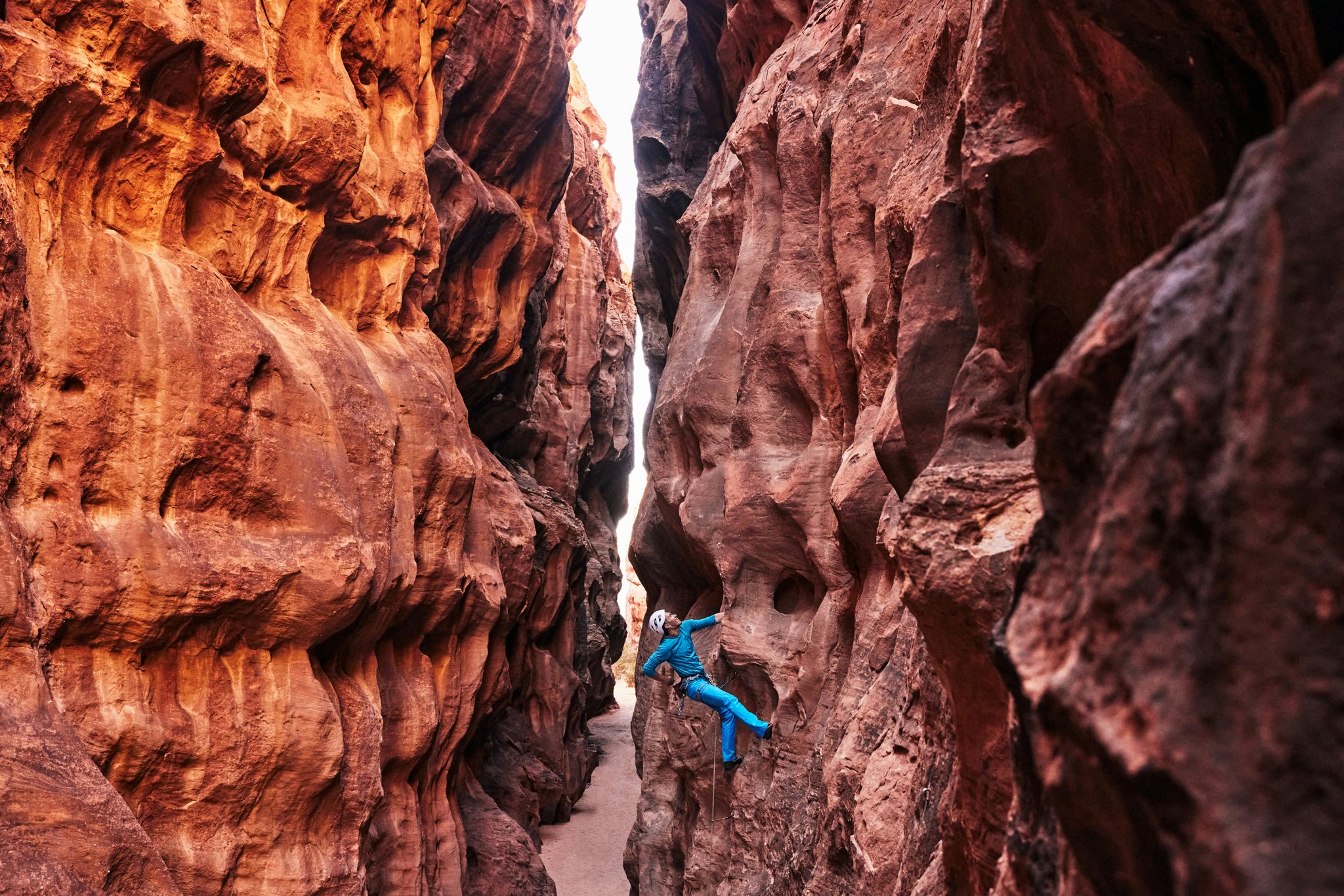 Illustrative image showing correct attachment technique between harness and belay device via carabiner.