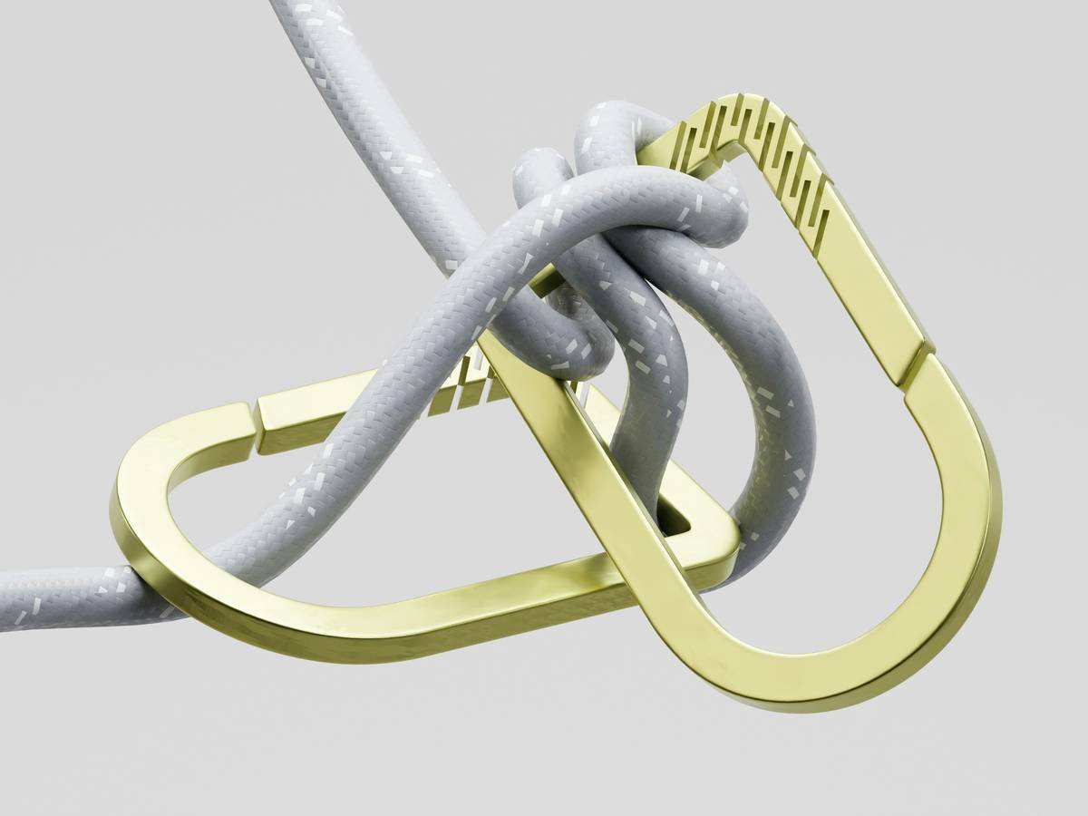 Infographic showing five components of a safe belay gear system: belay device, locking carabiner, dynamic rope, climbing harness, and belayer technique